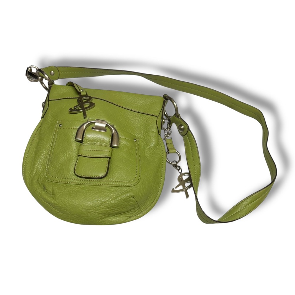 B Makowsky Lime Green Pebbled Leather Crossbody Bag Silver Buckle Leopard Lining